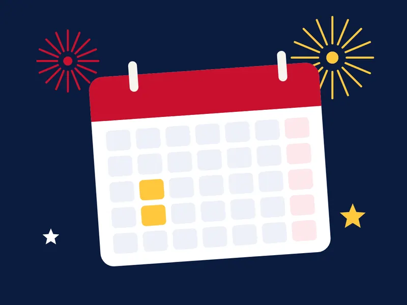 Ilustración de un calendario con dos días festivos resaltados en amarillo y confeti de colores